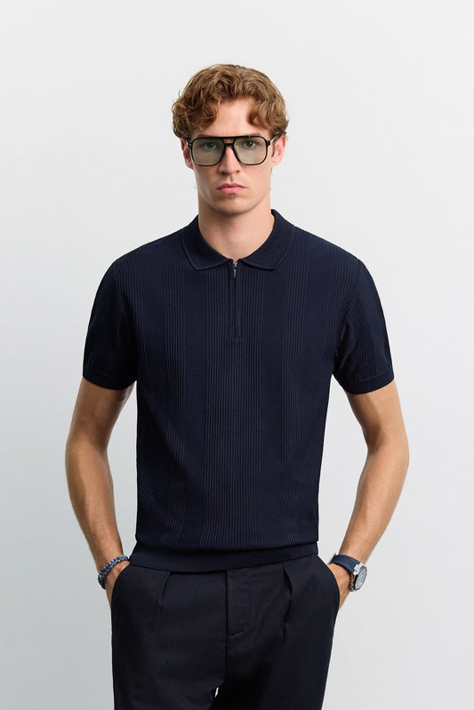 Lacivert Polo Yaka Fermuarlı Kolay Ütülenen Kırışmaz Triko T-shirt