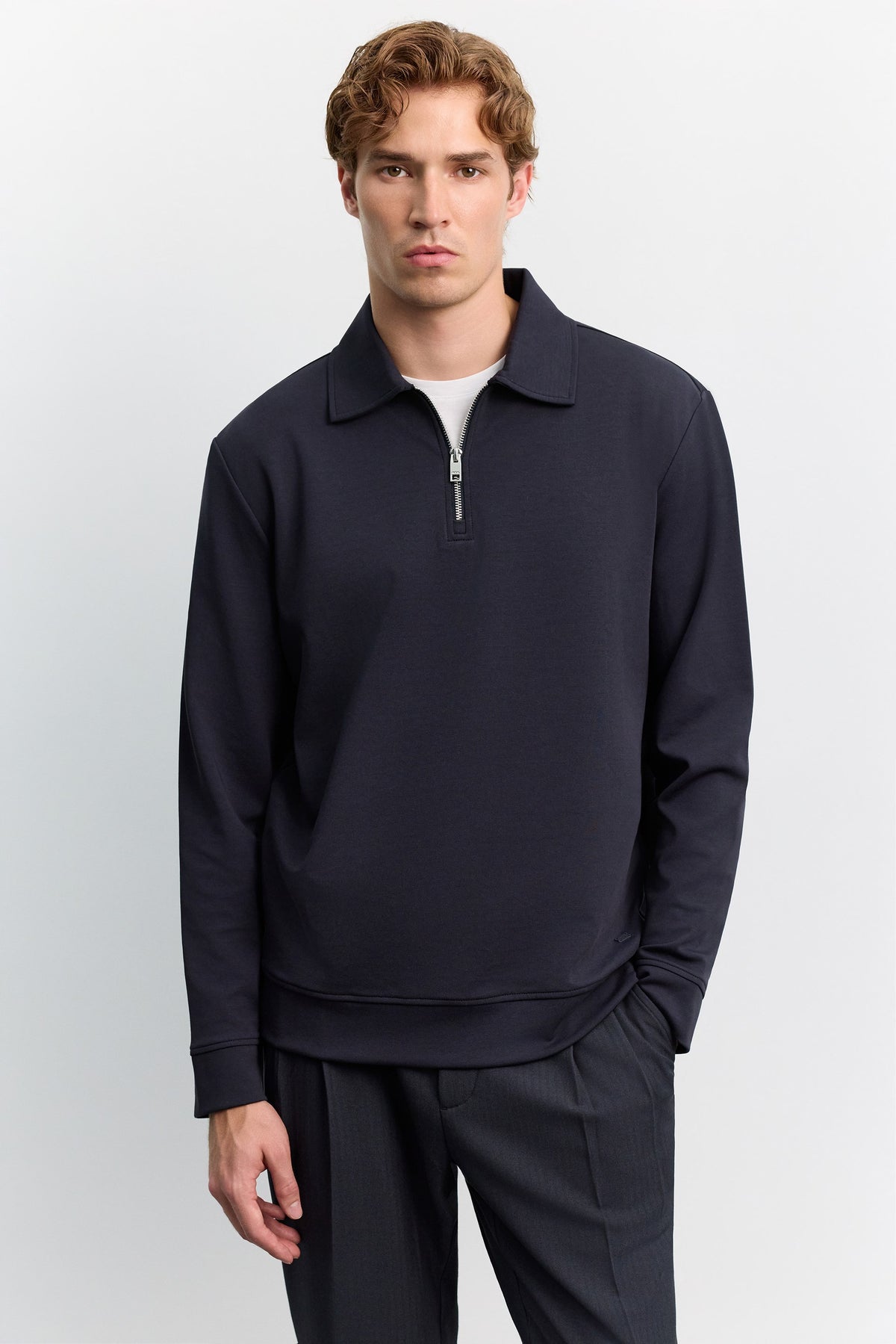 Lacivert Polo Yaka Fermuarlı Kolay Ütülenen Sweatshirt