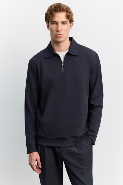 Lacivert Polo Yaka Fermuarlı Kolay Ütülenen Sweatshirt