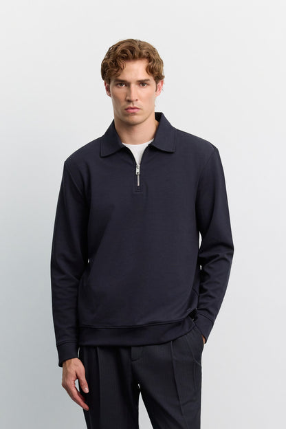 Lacivert Polo Yaka Fermuarlı Kolay Ütülenen Sweatshirt