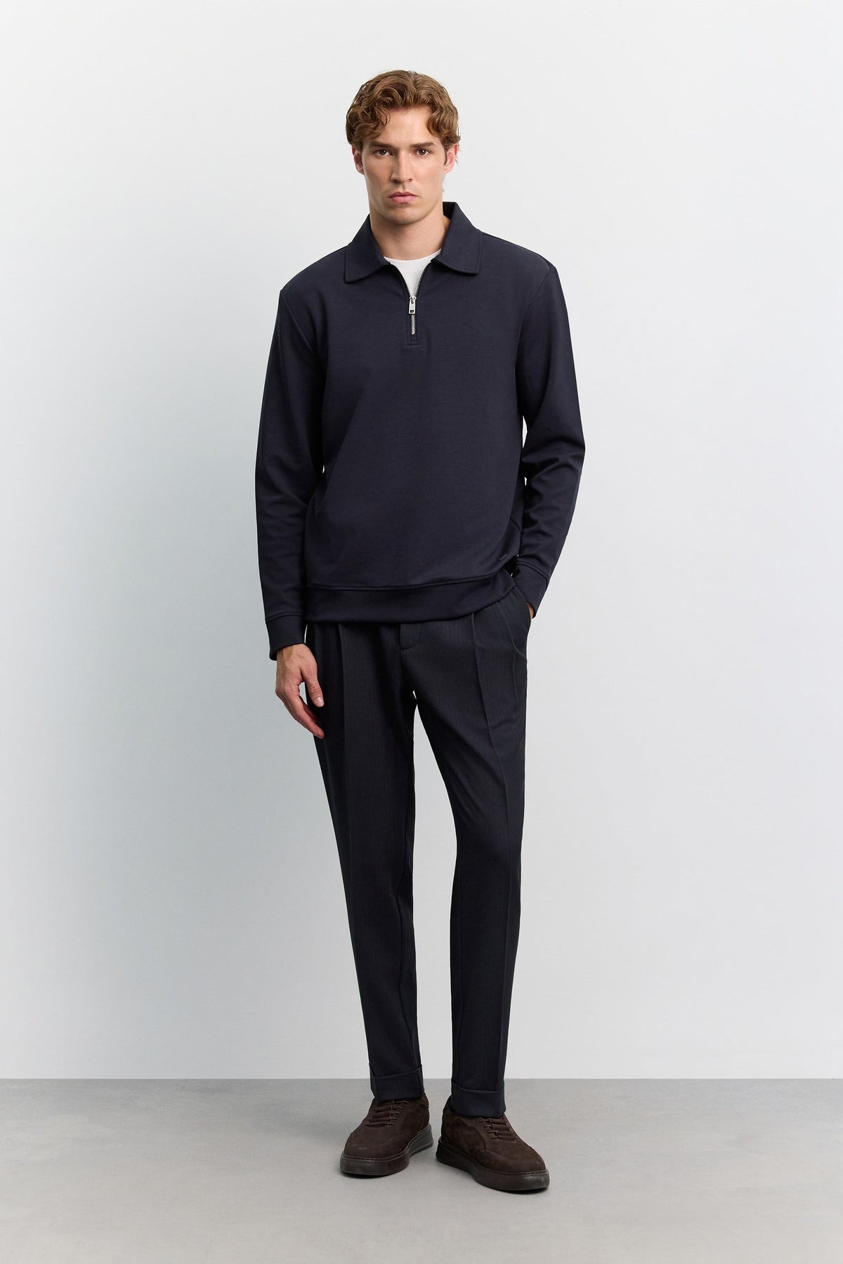 Lacivert Polo Yaka Fermuarlı Kolay Ütülenen Sweatshirt