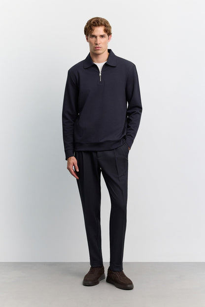 Lacivert Polo Yaka Fermuarlı Kolay Ütülenen Sweatshirt