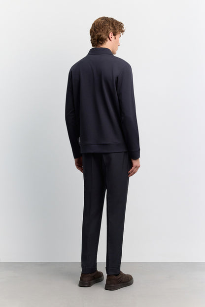 Lacivert Polo Yaka Fermuarlı Kolay Ütülenen Sweatshirt