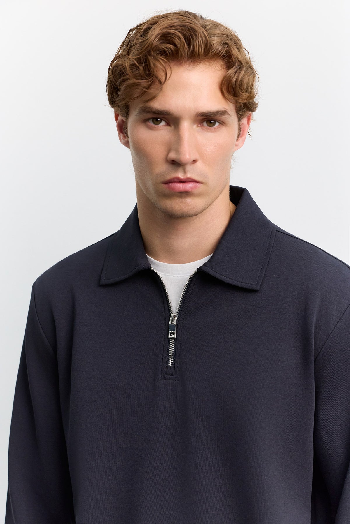 Lacivert Polo Yaka Fermuarlı Kolay Ütülenen Sweatshirt