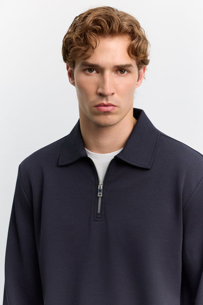 Lacivert Polo Yaka Fermuarlı Kolay Ütülenen Sweatshirt