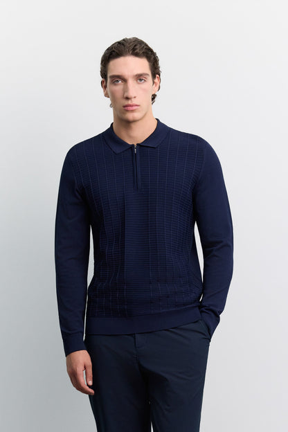 Lacivert Polo Yaka Fermuarlı Rayon Karışımlı Triko Kazak
