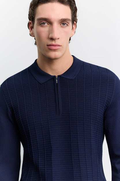Lacivert Polo Yaka Fermuarlı Rayon Karışımlı Triko Kazak
