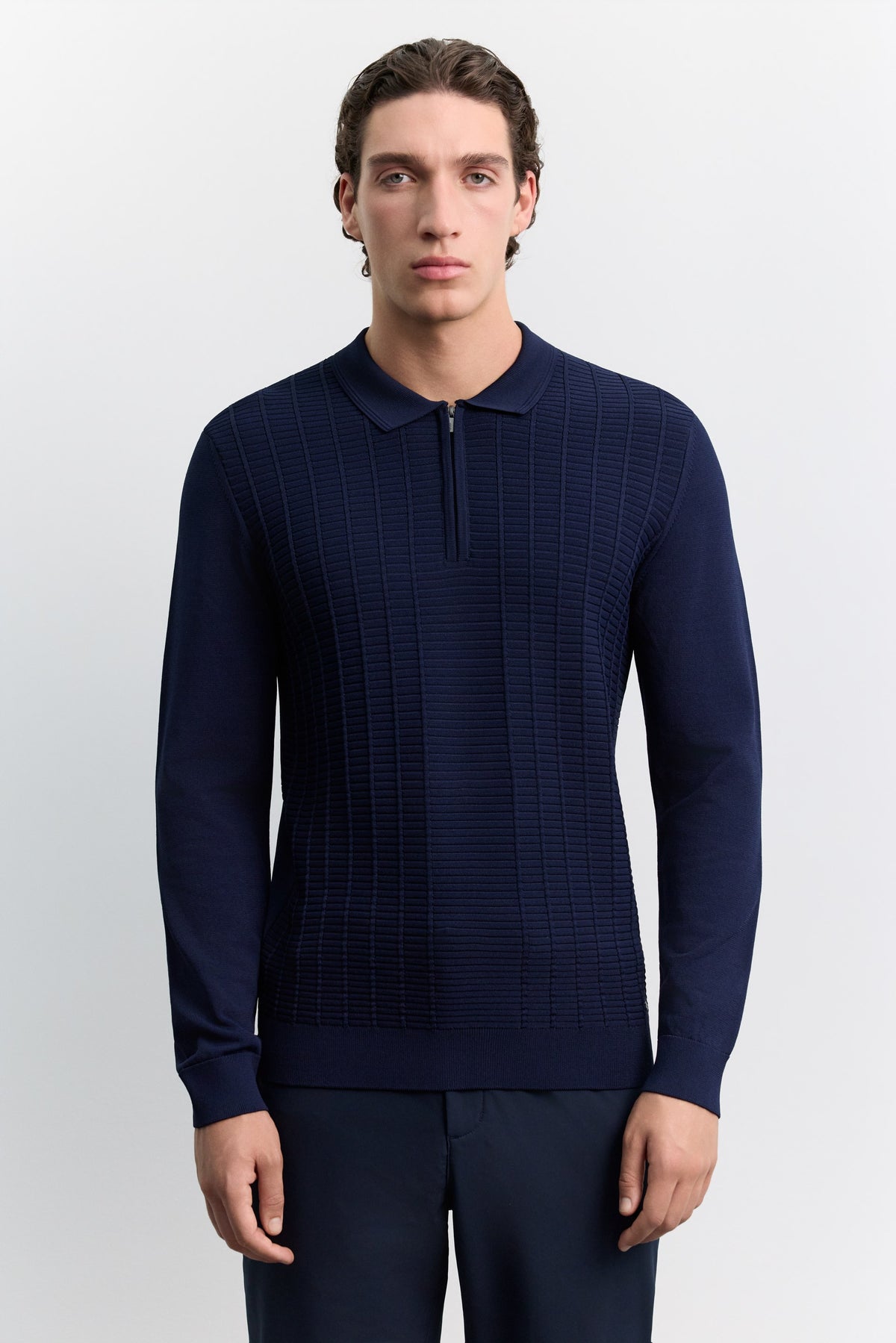 Lacivert Polo Yaka Fermuarlı Rayon Karışımlı Triko Kazak