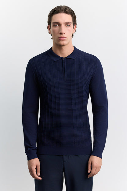 Lacivert Polo Yaka Fermuarlı Rayon Karışımlı Triko Kazak