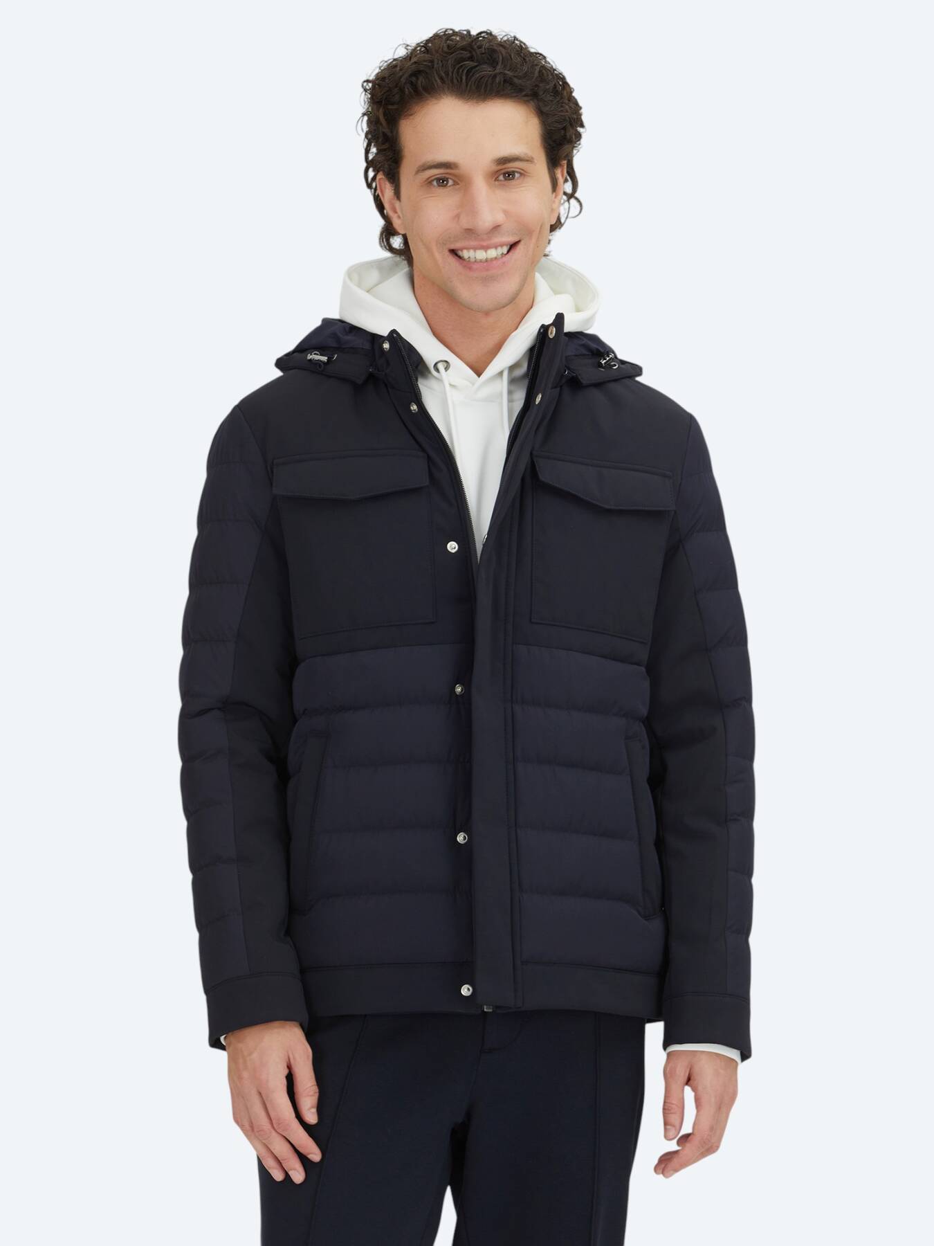 Lacivert Regular Fit Kapüşonlu Casual Dokuma Mont