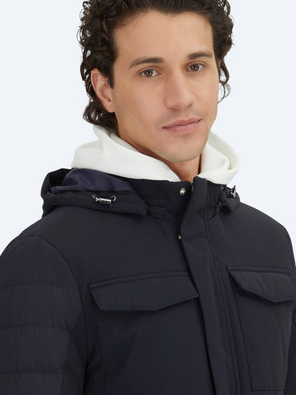 Lacivert Regular Fit Kapüşonlu Casual Dokuma Mont