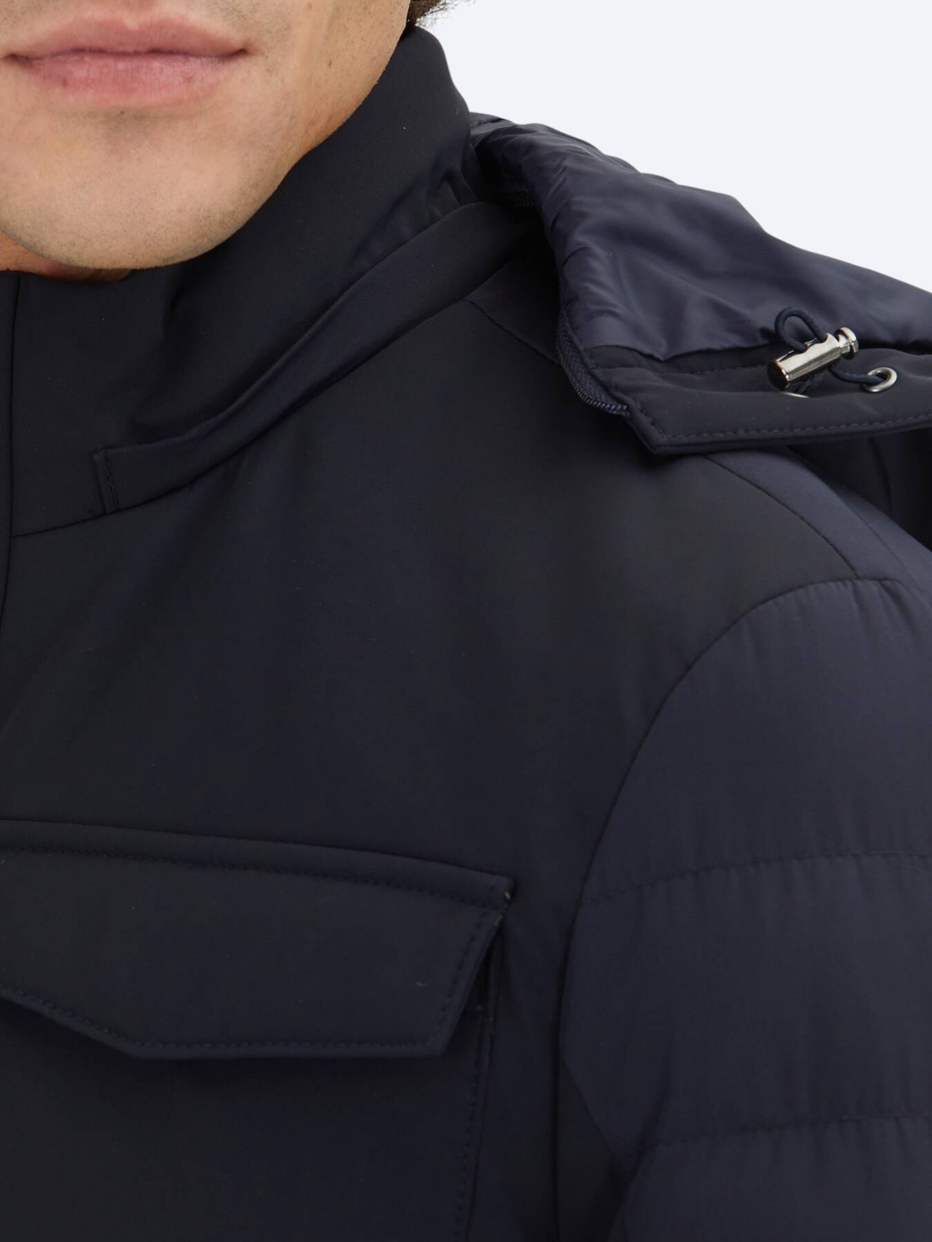 Lacivert Regular Fit Kapüşonlu Casual Dokuma Mont