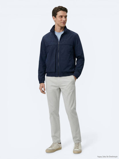 Lacivert Relaxed Fit Dik Yaka Casual Dokuma Mont