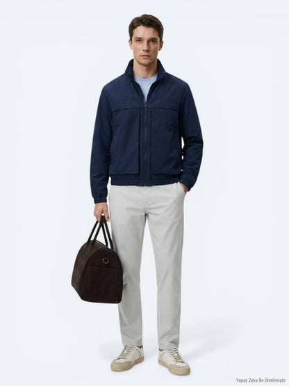 Lacivert Relaxed Fit Dik Yaka Casual Dokuma Mont