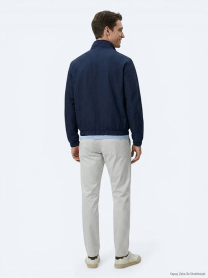 Lacivert Relaxed Fit Dik Yaka Casual Dokuma Mont