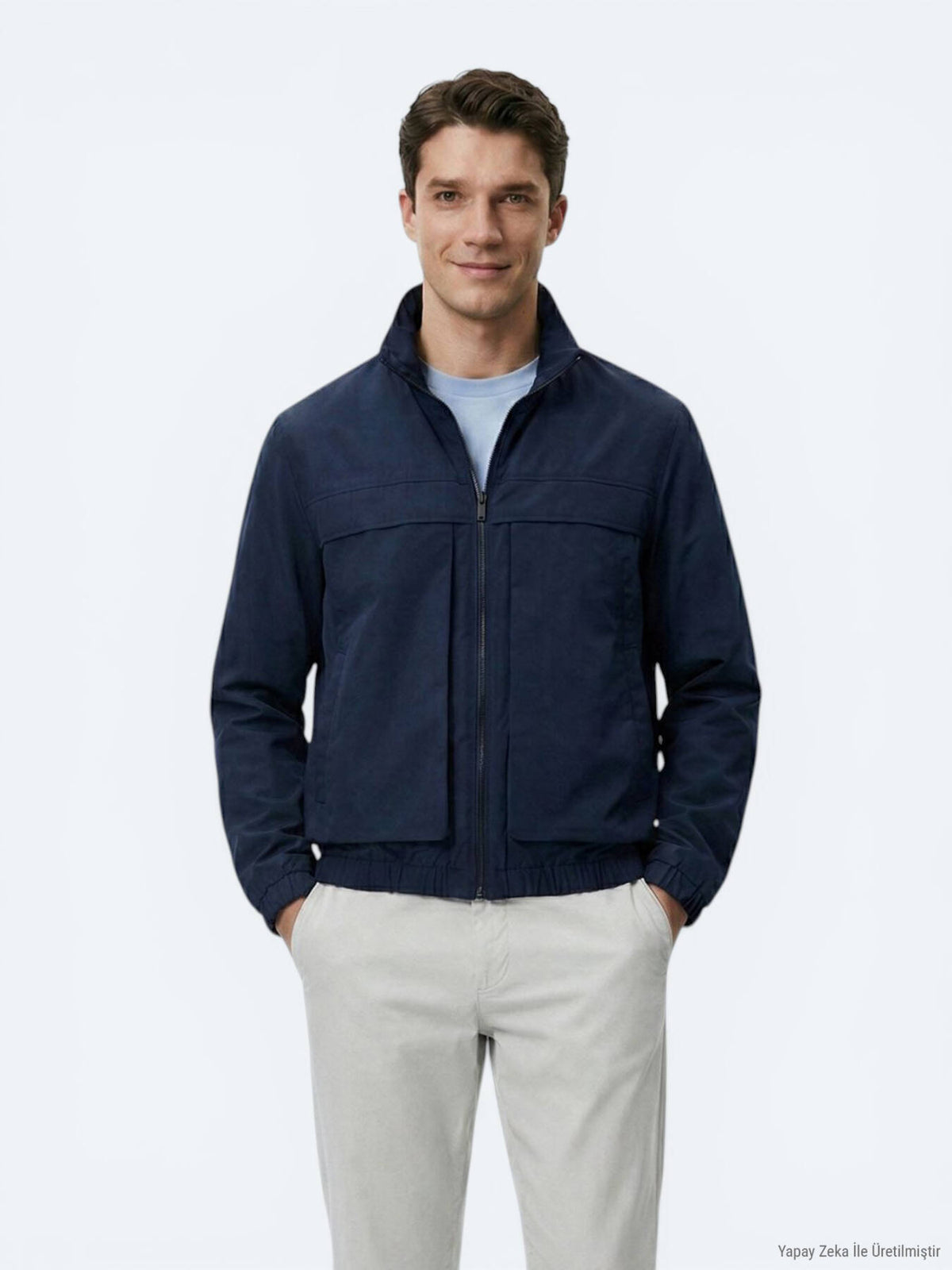 Lacivert Relaxed Fit Dik Yaka Casual Dokuma Mont