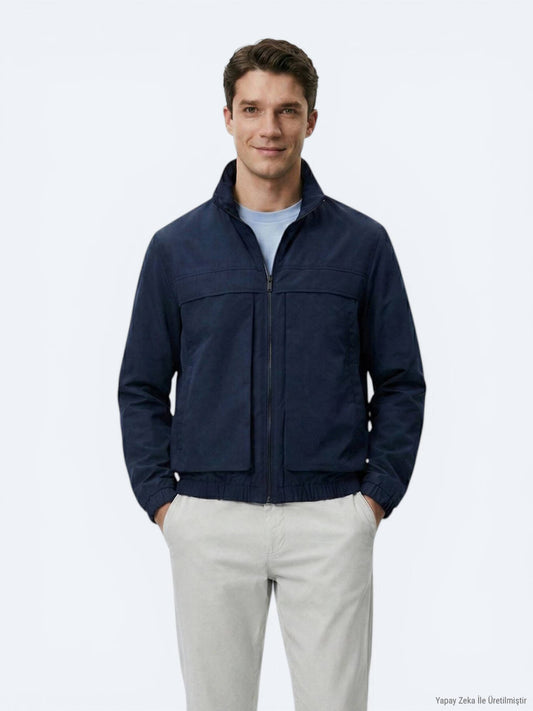 Lacivert Relaxed Fit Dik Yaka Casual Dokuma Mont