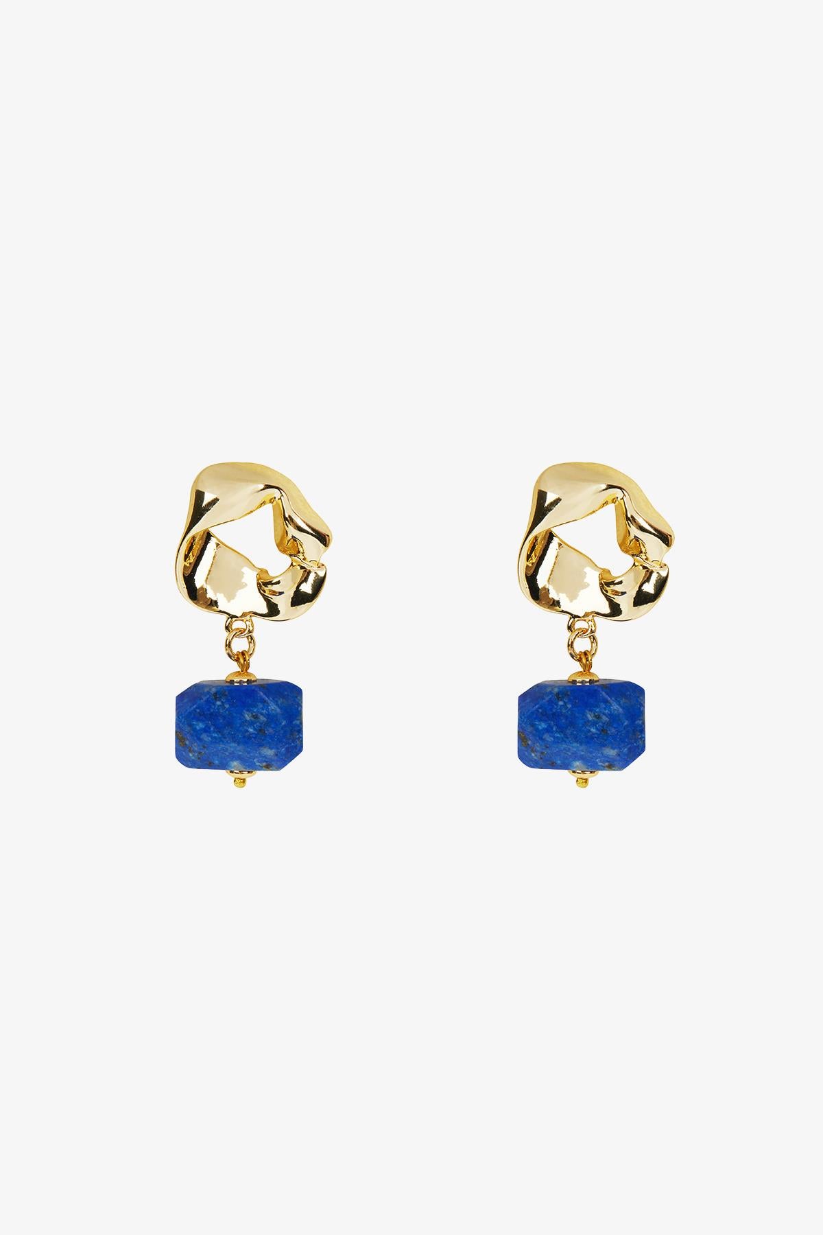 Lapis Taş Detaylı Gold Küpe