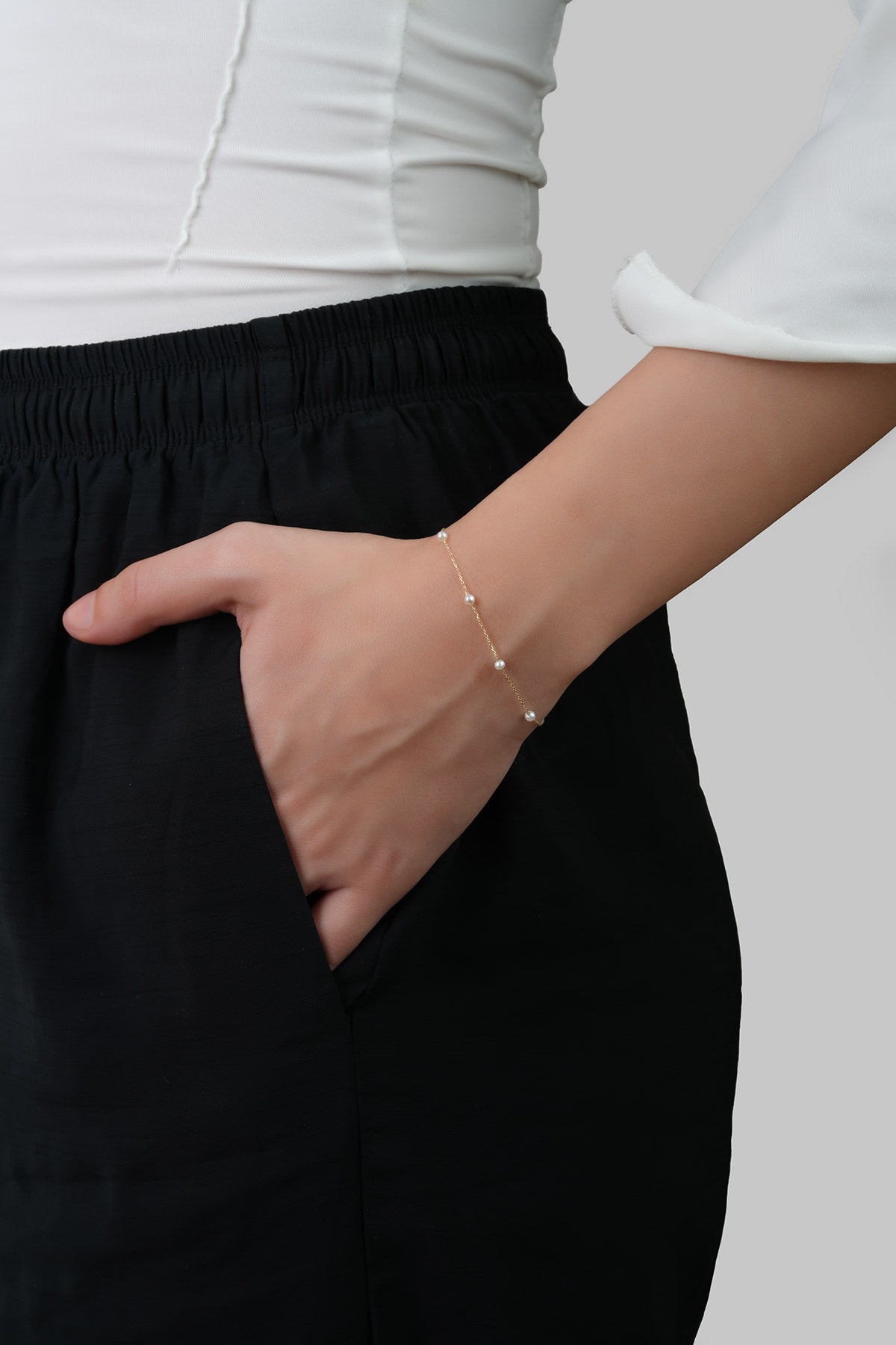 Doğal Inci Taşlı 14 Ayar Sarı Altın Bileklik M003270053644