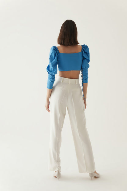 Mavi Çapraz Bağcık Detaylı Crop Bluz