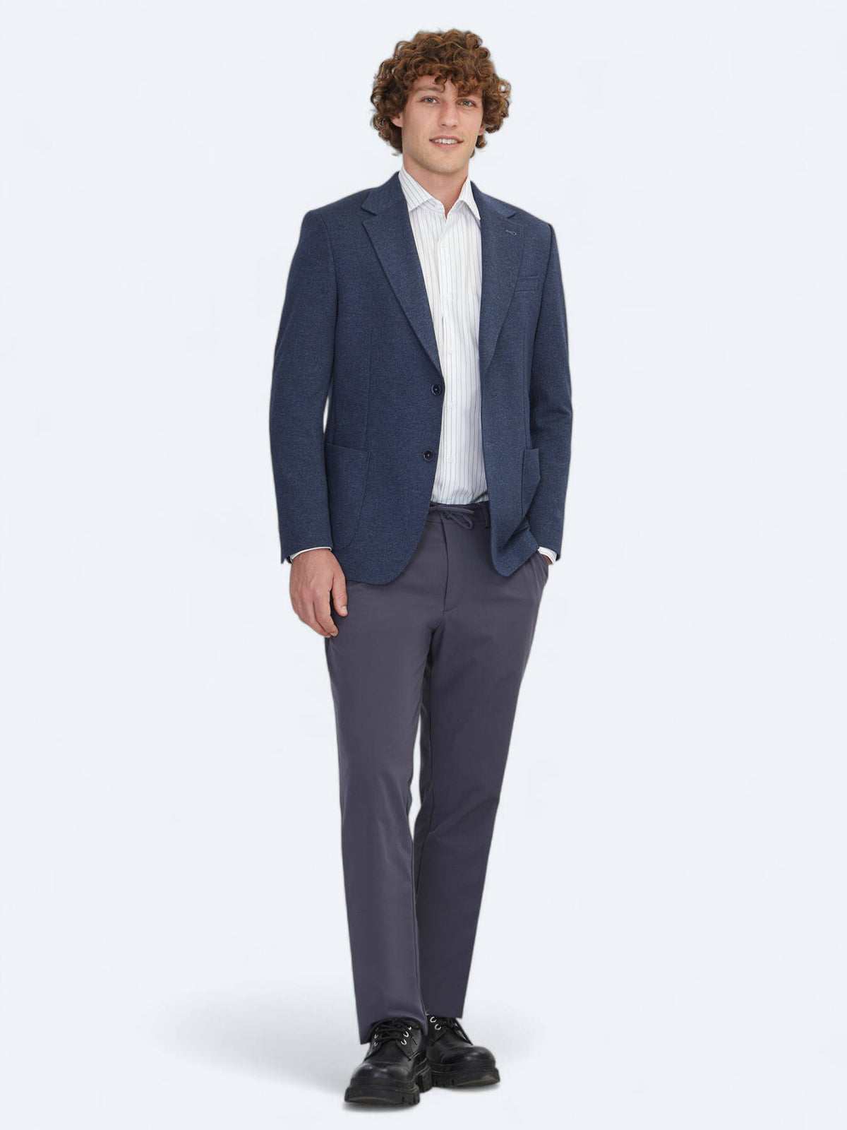 Mavi Çizgili Modern Fit Örme Ceket