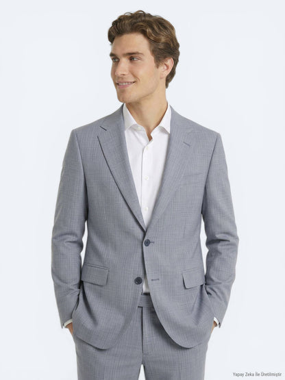 Mavi Çizgili Modern Fit Yün Karışımlı Takım Elbise