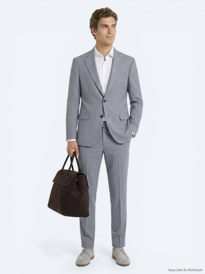 Mavi Çizgili Modern Fit Yün Karışımlı Takım Elbise