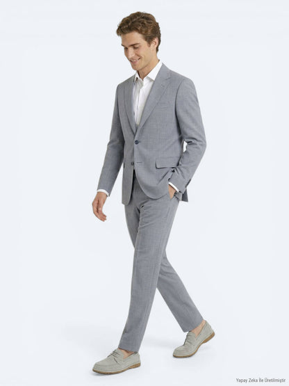 Mavi Çizgili Modern Fit Yün Karışımlı Takım Elbise