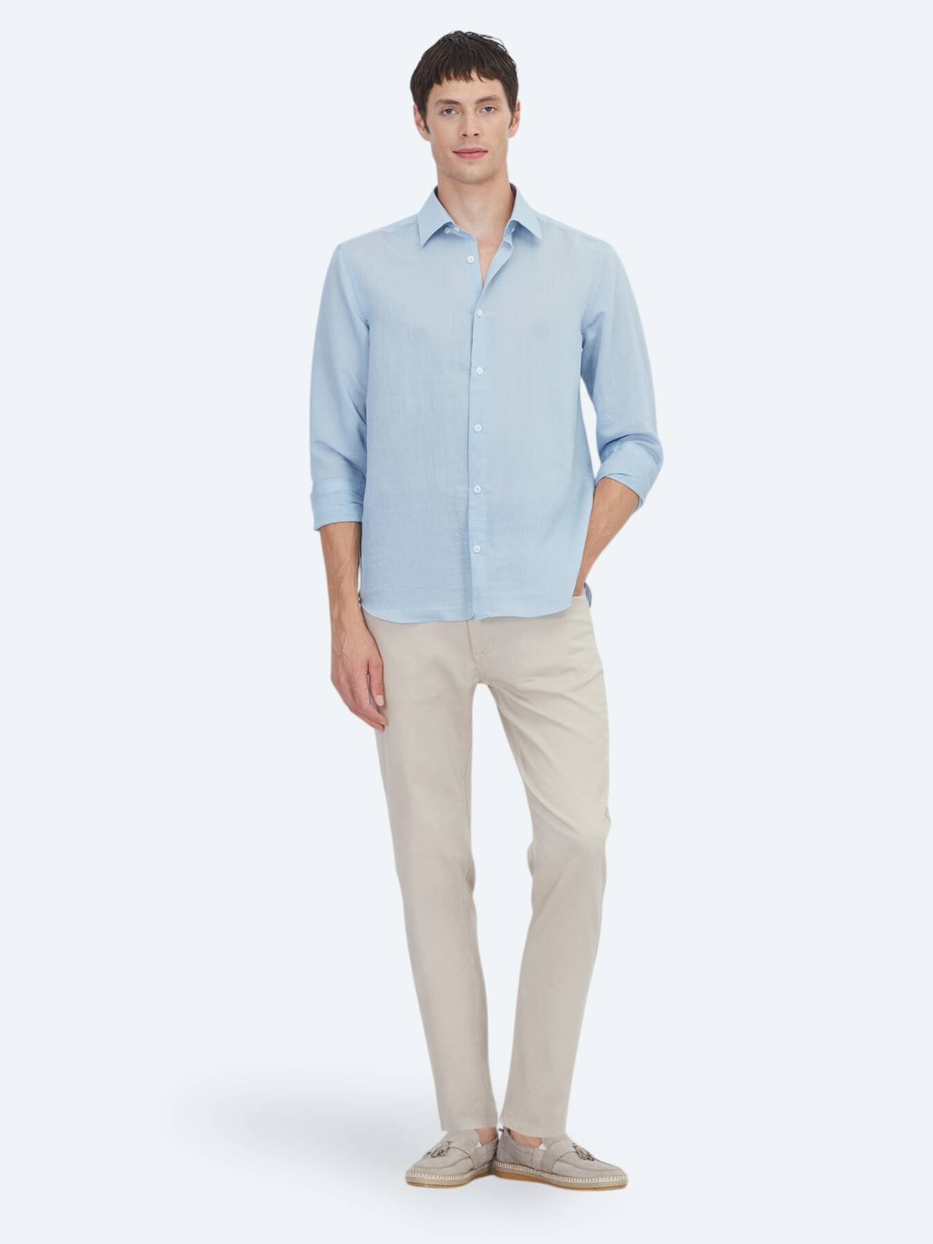 Mavi Çizgili Regular Fit Uzun Dokuma Casual Gömlek