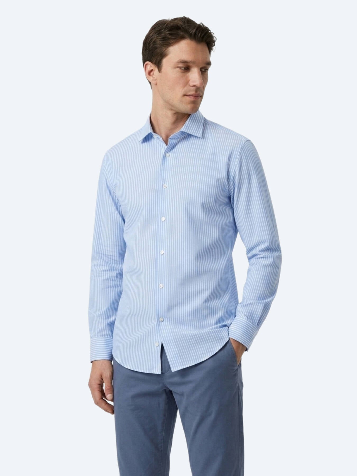 Mavi Çizgili Regular Fit Uzun Dokuma Casual Pamuk Karışımlı Gömlek