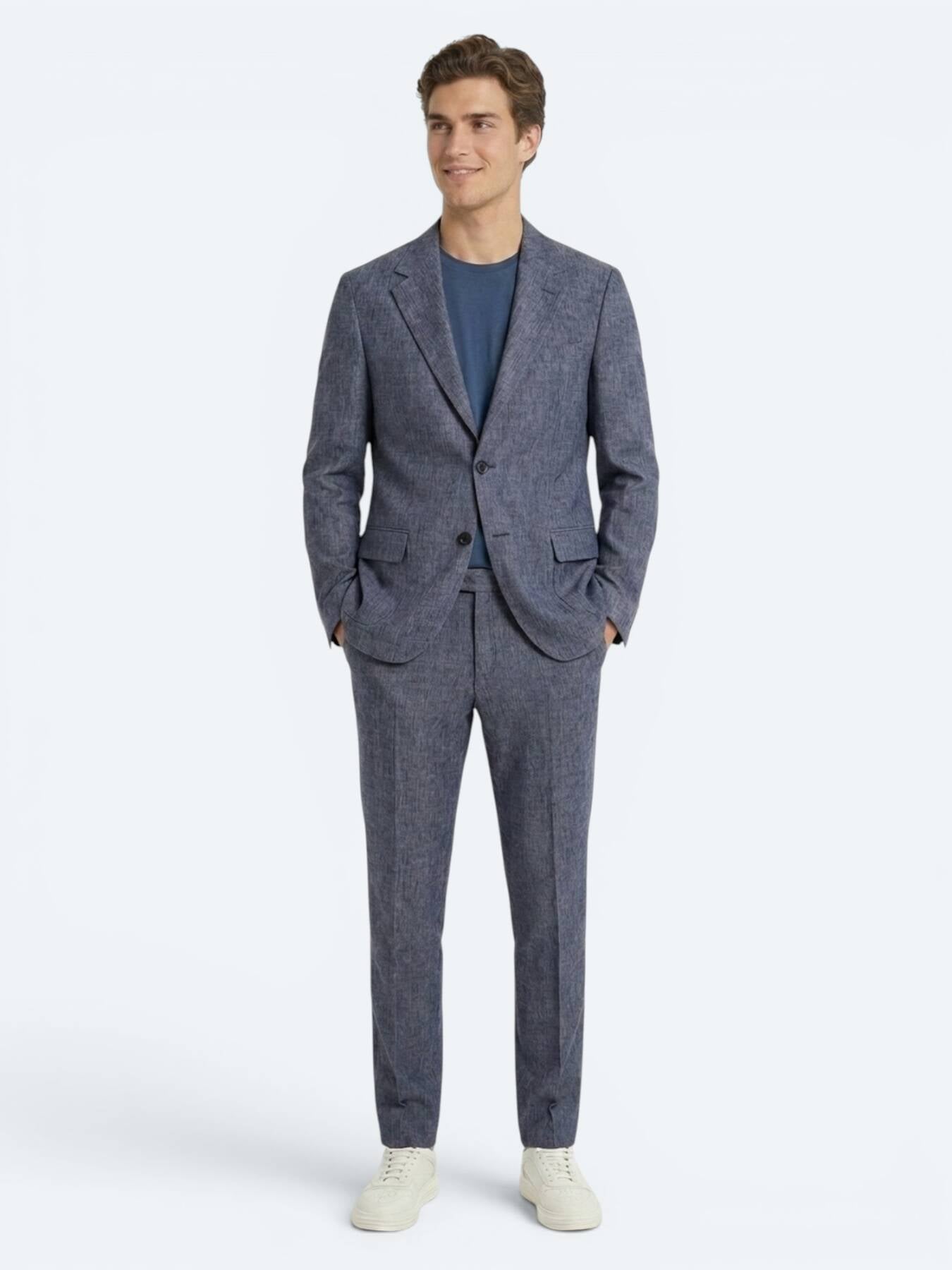 Mavi Desenli Modern Fit Keten Karışımlı Takım Elbise