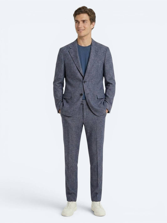 Mavi Desenli Modern Fit Keten Karışımlı Takım Elbise