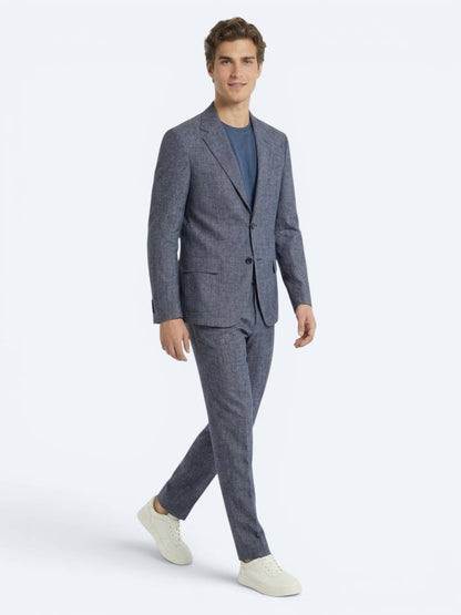 Mavi Desenli Modern Fit Keten Karışımlı Takım Elbise