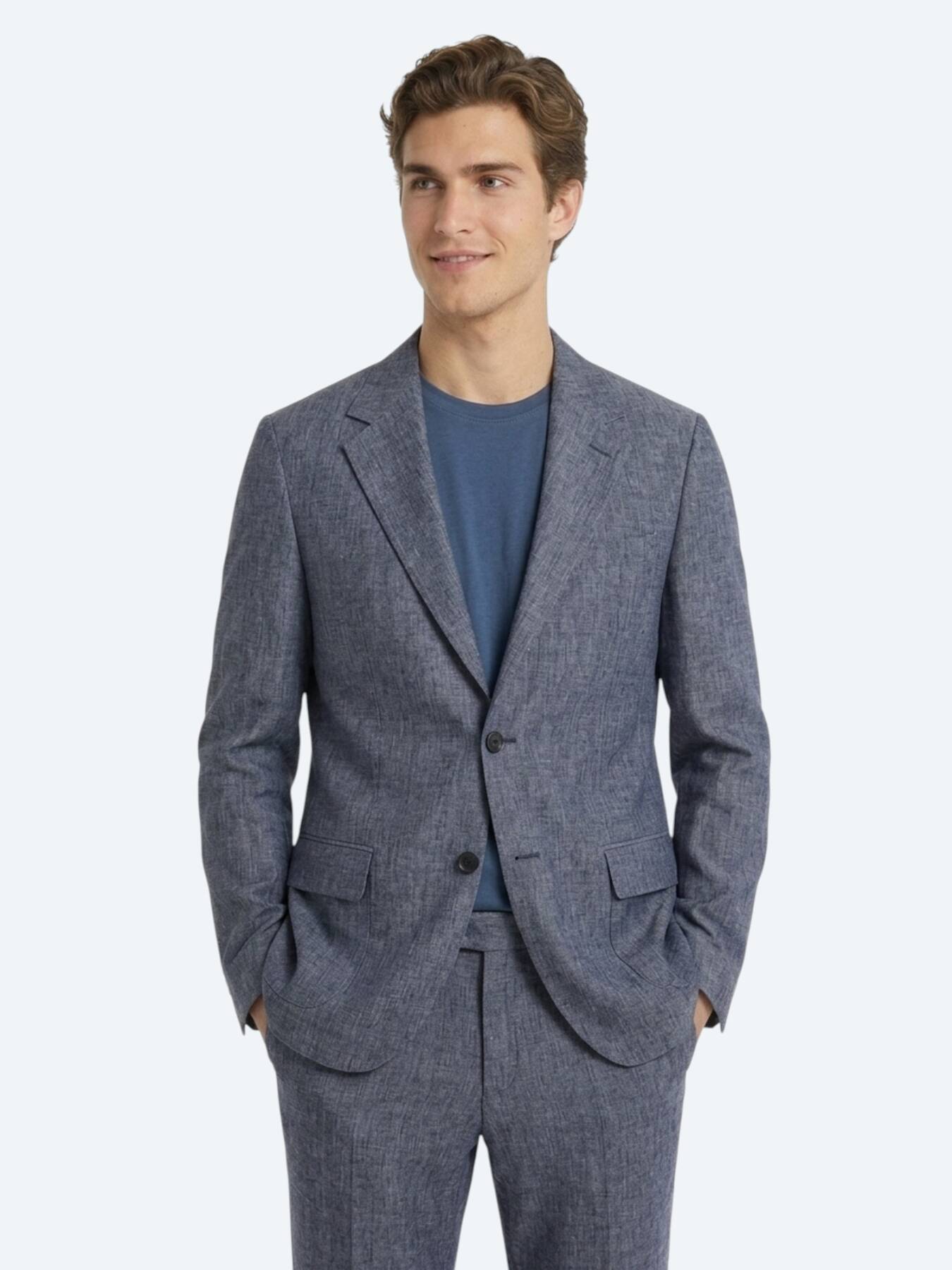 Mavi Desenli Modern Fit Keten Karışımlı Takım Elbise