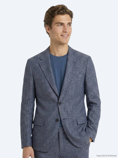 Mavi Desenli Modern Fit Keten Karışımlı Takım Elbise