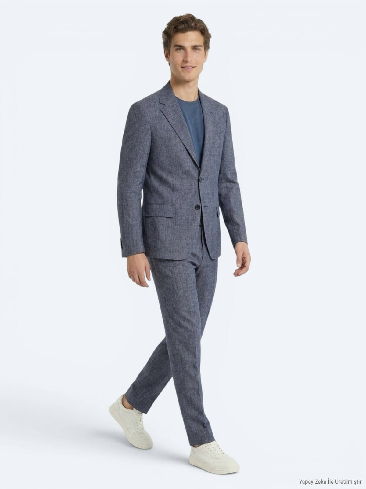 Mavi Desenli Modern Fit Keten Karışımlı Takım Elbise