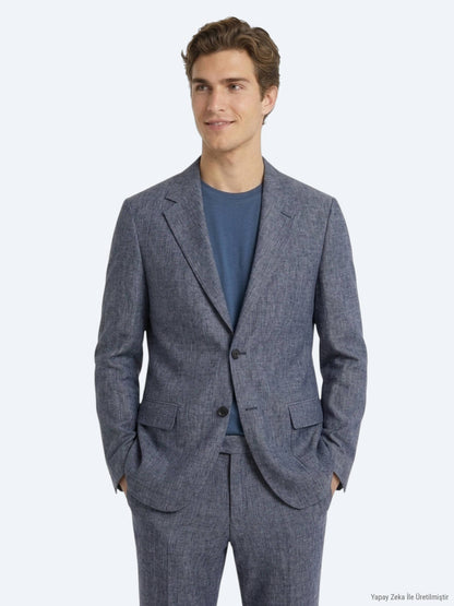 Mavi Desenli Modern Fit Keten Karışımlı Takım Elbise