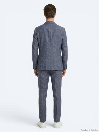 Mavi Desenli Modern Fit Keten Karışımlı Takım Elbise