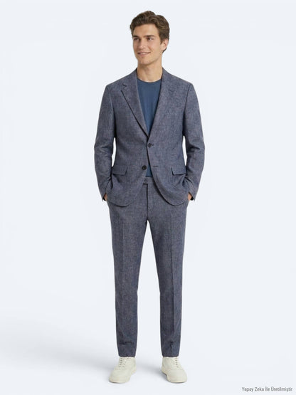 Mavi Desenli Modern Fit Keten Karışımlı Takım Elbise