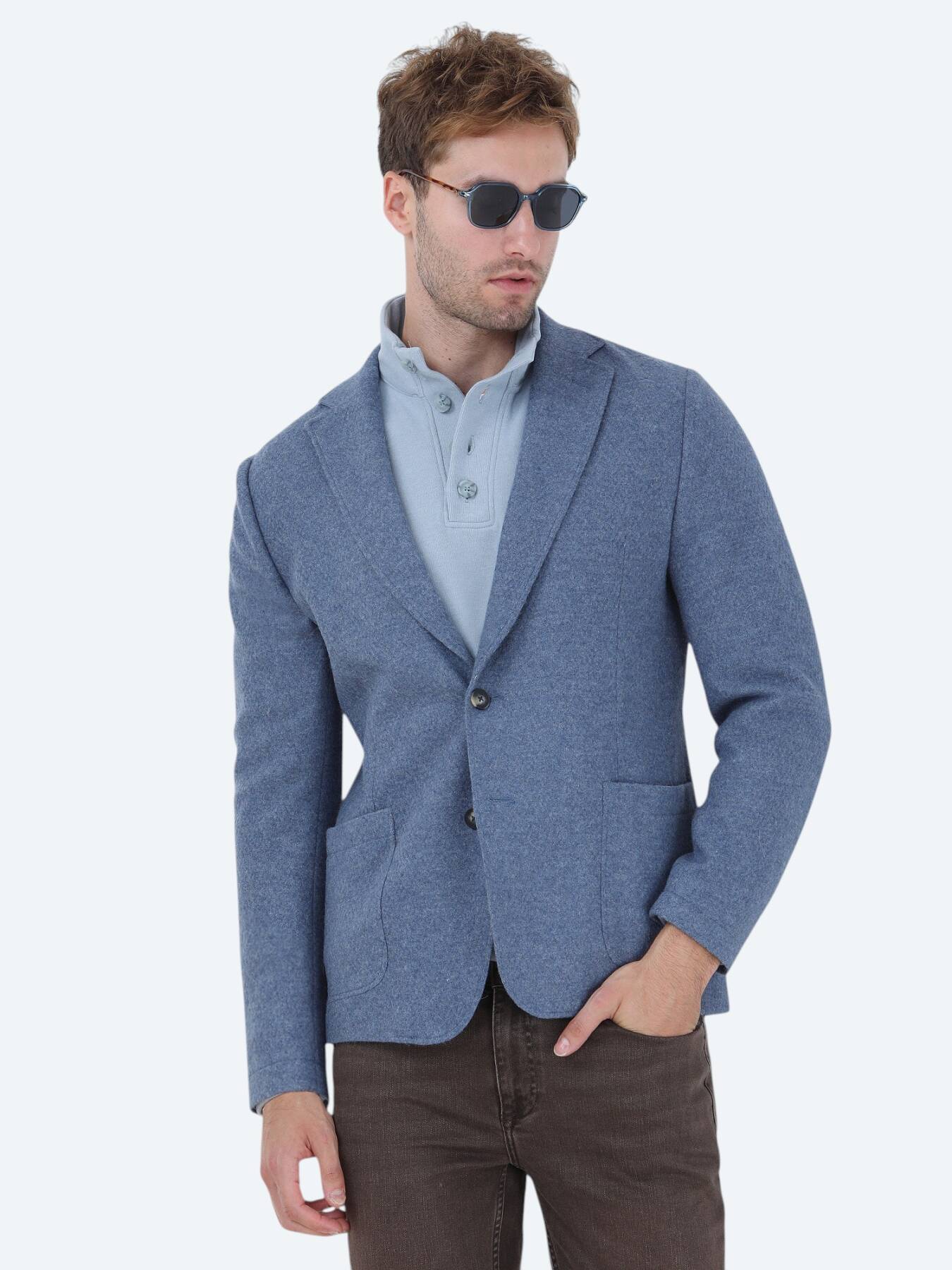 Mavi Düz Modern Fit Yün Karışımlı Örme Ceket