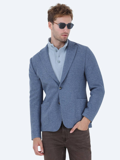 Mavi Düz Modern Fit Yün Karışımlı Örme Ceket