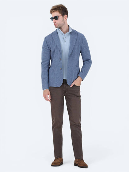 Mavi Düz Modern Fit Yün Karışımlı Örme Ceket