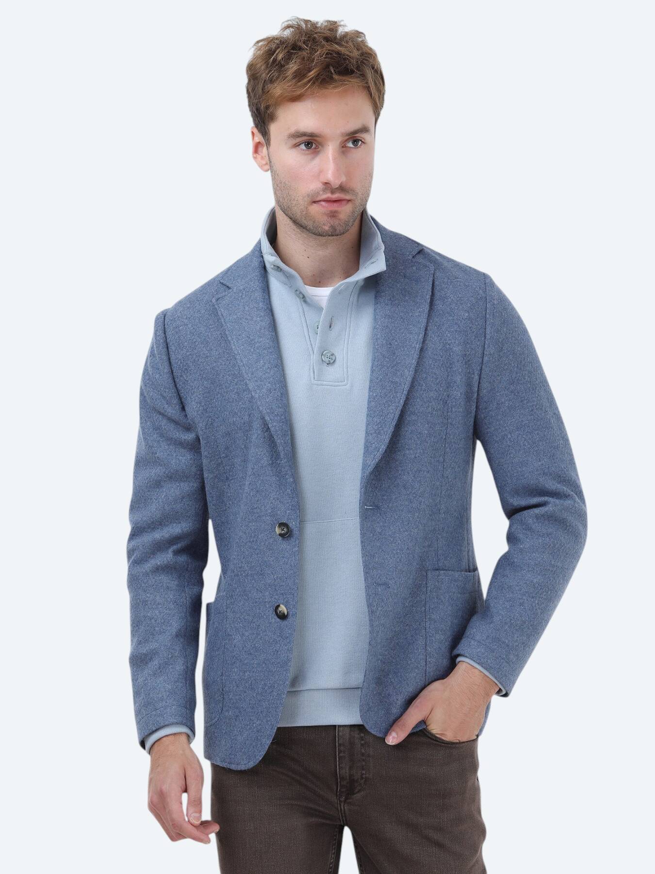 Mavi Düz Modern Fit Yün Karışımlı Örme Ceket