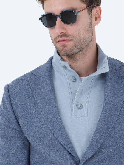 Mavi Düz Modern Fit Yün Karışımlı Örme Ceket