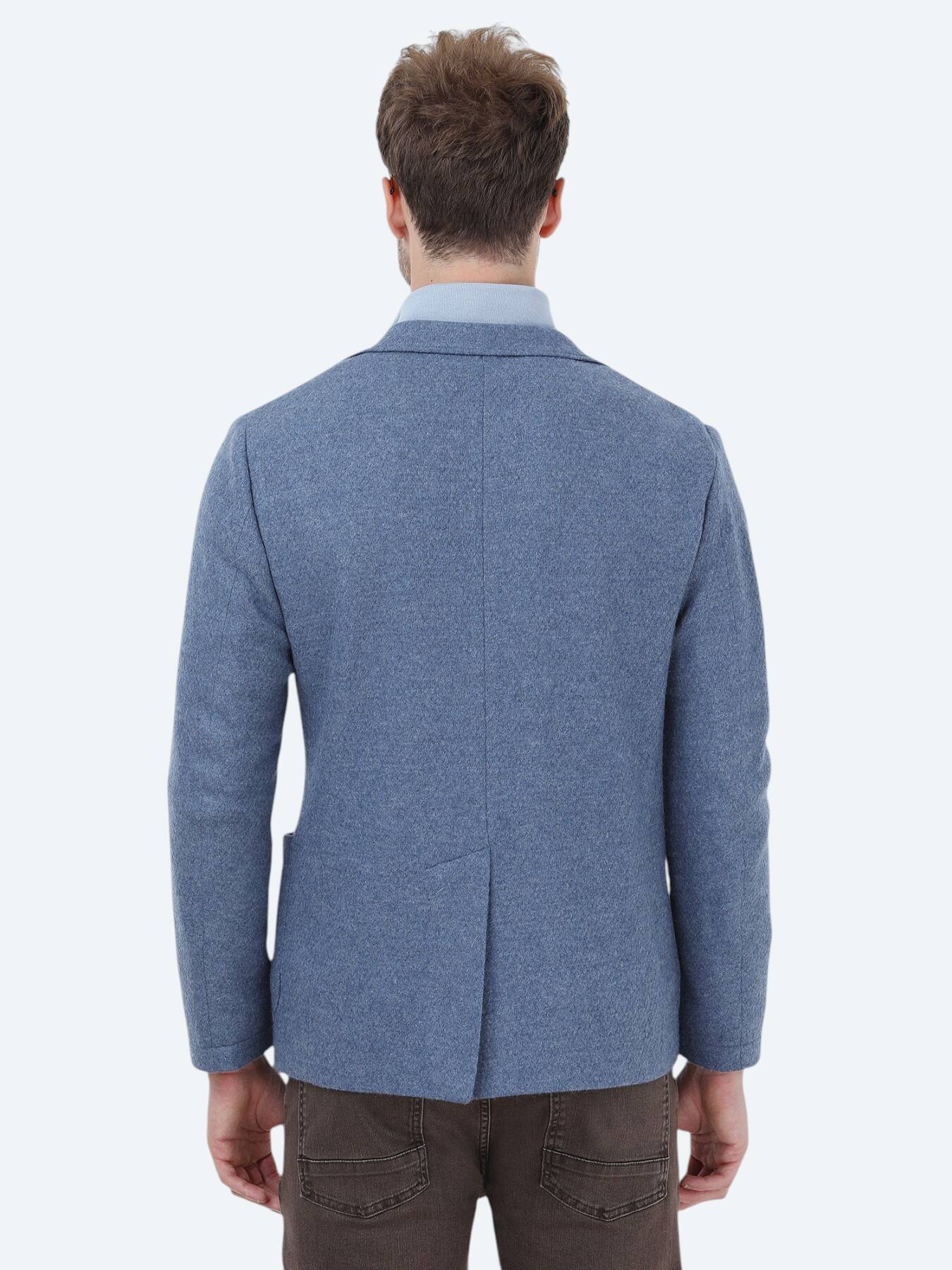 Mavi Düz Modern Fit Yün Karışımlı Örme Ceket