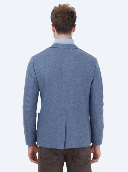 Mavi Düz Modern Fit Yün Karışımlı Örme Ceket