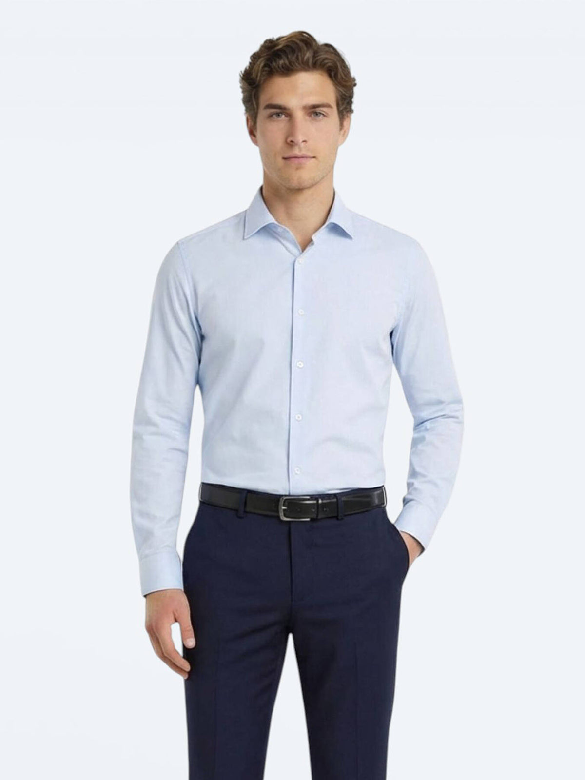 Mavi Düz Slim Fit Uzun Dokuma Klasik Pamuk Karışımlı Gömlek