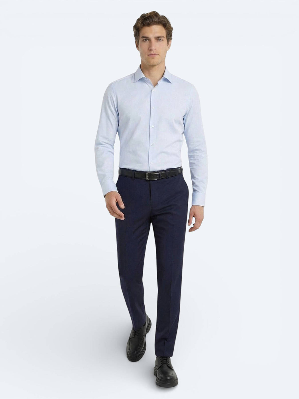 Mavi Düz Slim Fit Uzun Dokuma Klasik Pamuk Karışımlı Gömlek