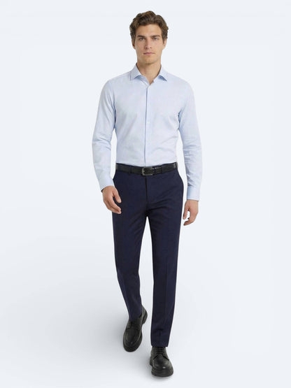 Mavi Düz Slim Fit Uzun Dokuma Klasik Pamuk Karışımlı Gömlek