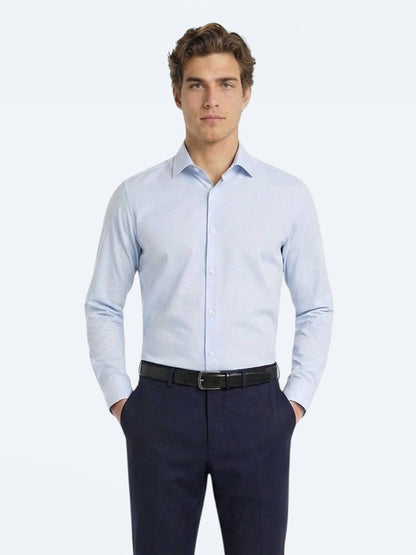 Mavi Düz Slim Fit Uzun Dokuma Klasik Pamuk Karışımlı Gömlek